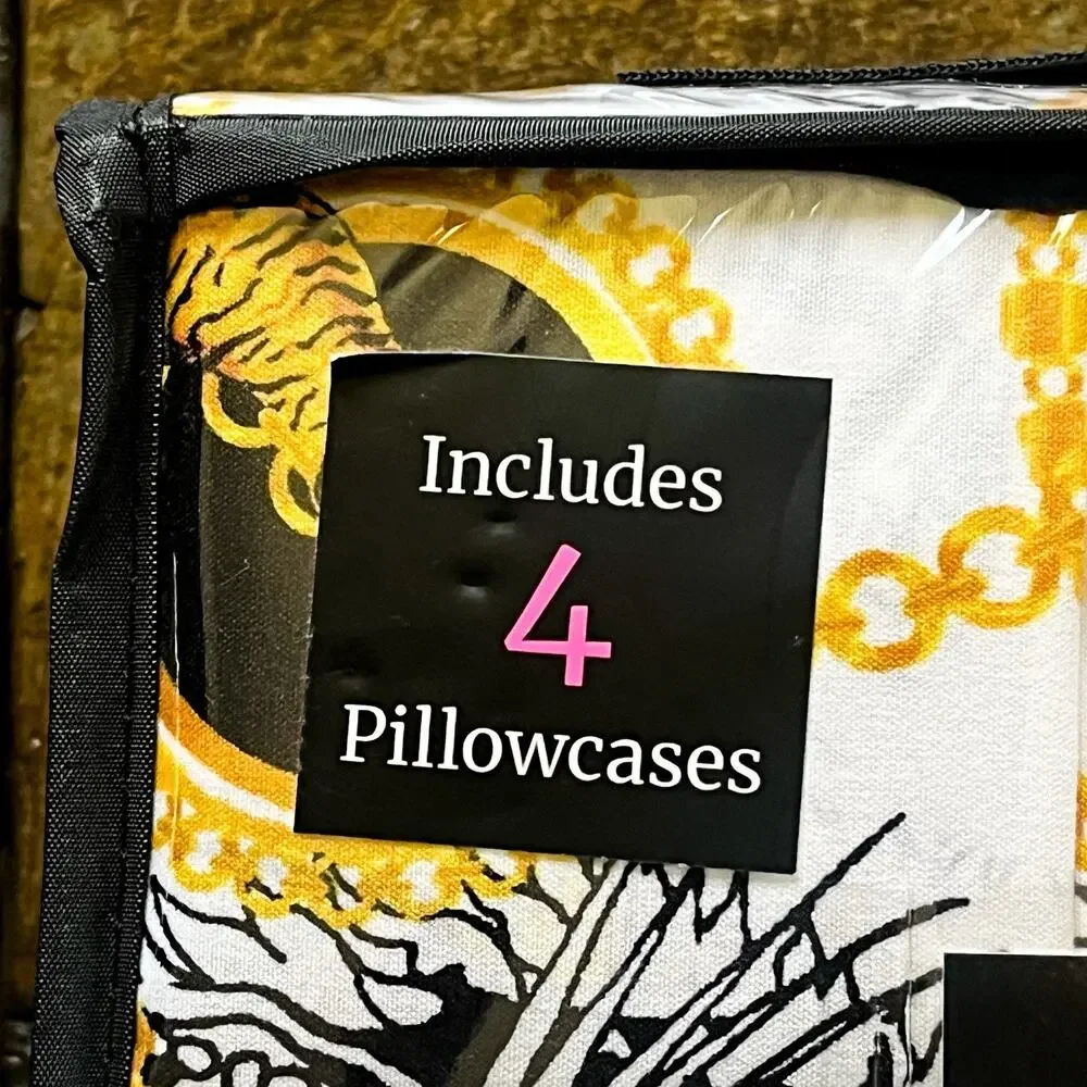 NEW Ed Hardy 6 Piece Sheet Set Extra Pillowcases -Black Gold Tiger, Queen Size